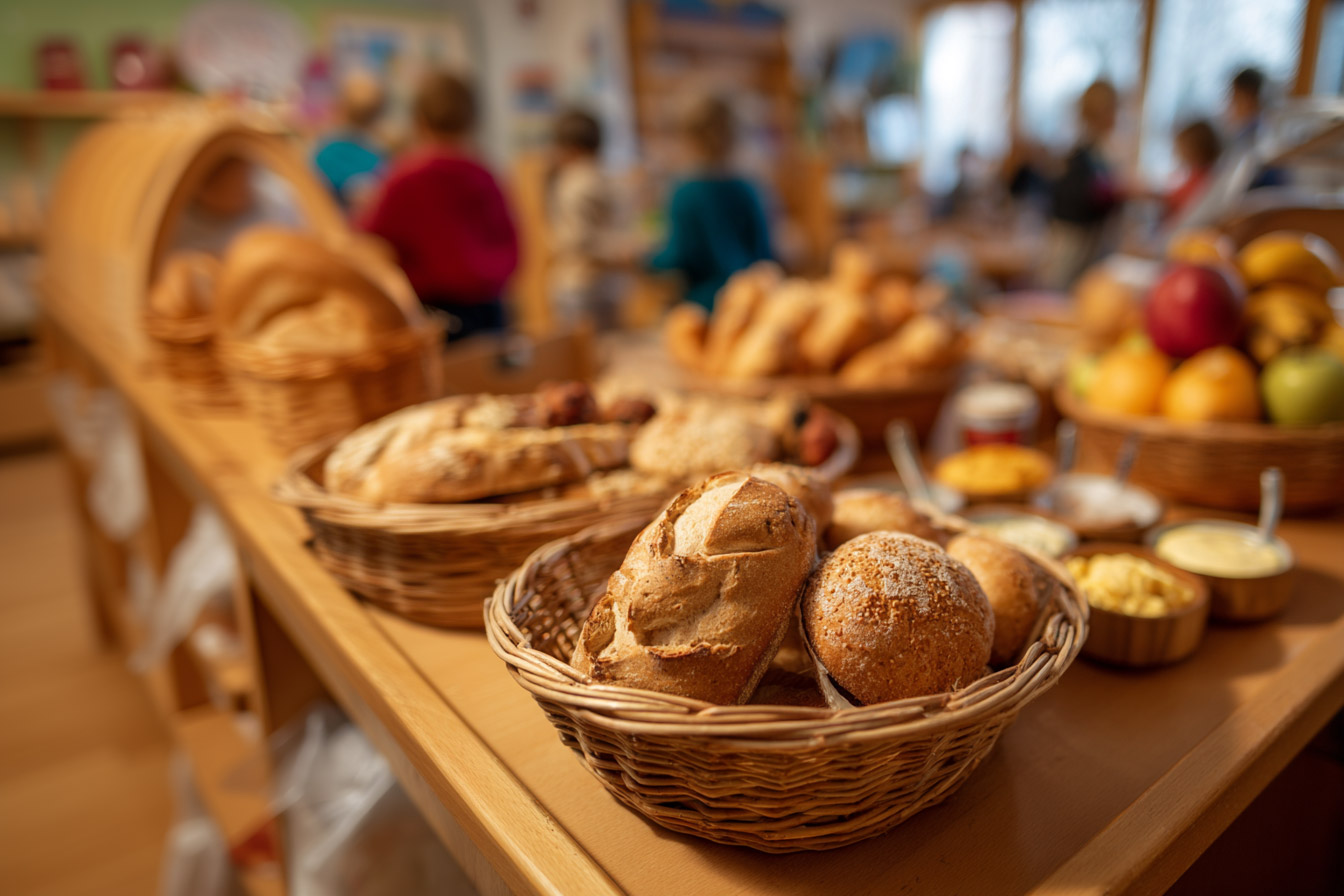 blick in einen kita-gruppenraum, in dem das frühstück bereits bereitsteht