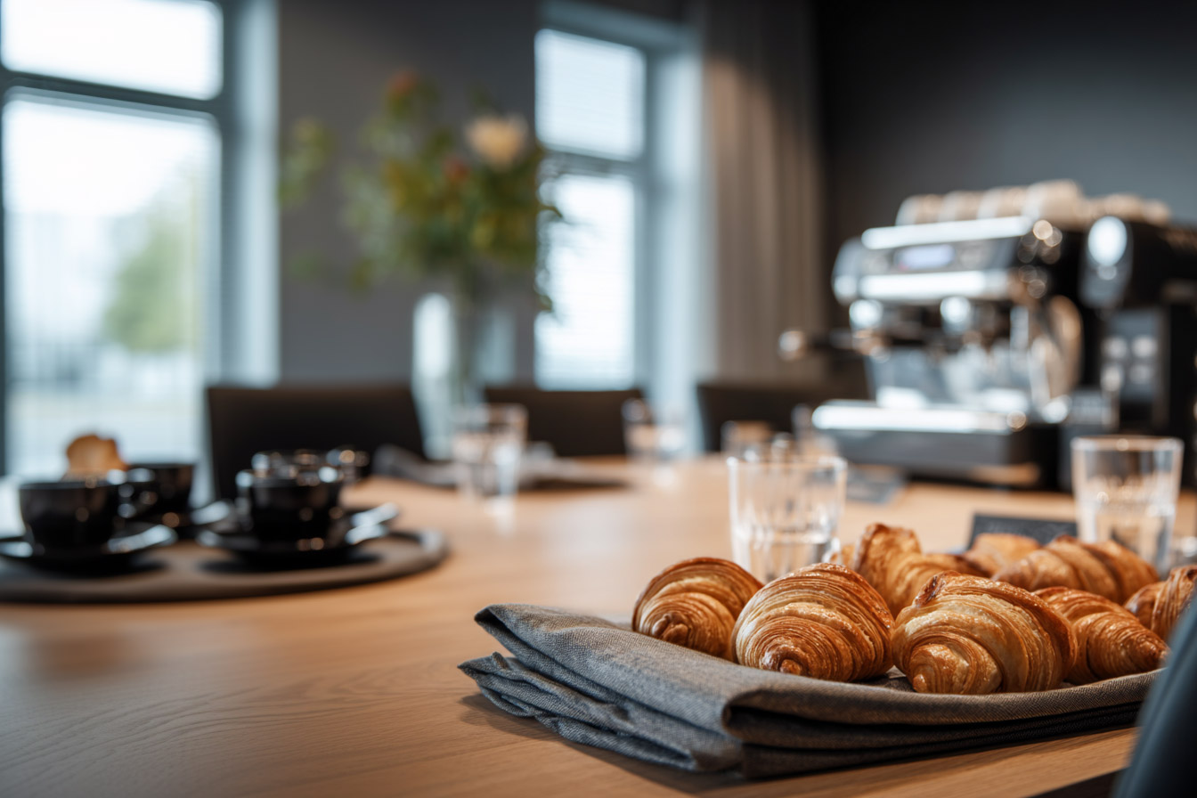 Konferenztisch, frische Croissants, Kaffeemaschine im Hintergrund
