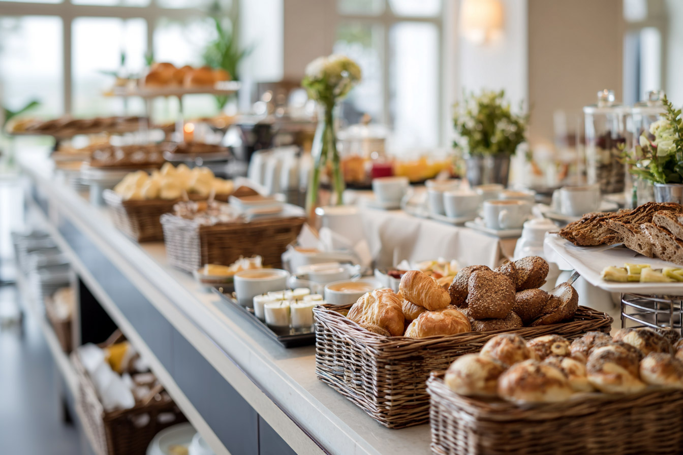 Ein stilvolles Hotel-Frühstücksbuffet mit warmem Morgenlicht. Im Vordergrund Körbe mit frischen Semmeln und Vollkornbrötchen.