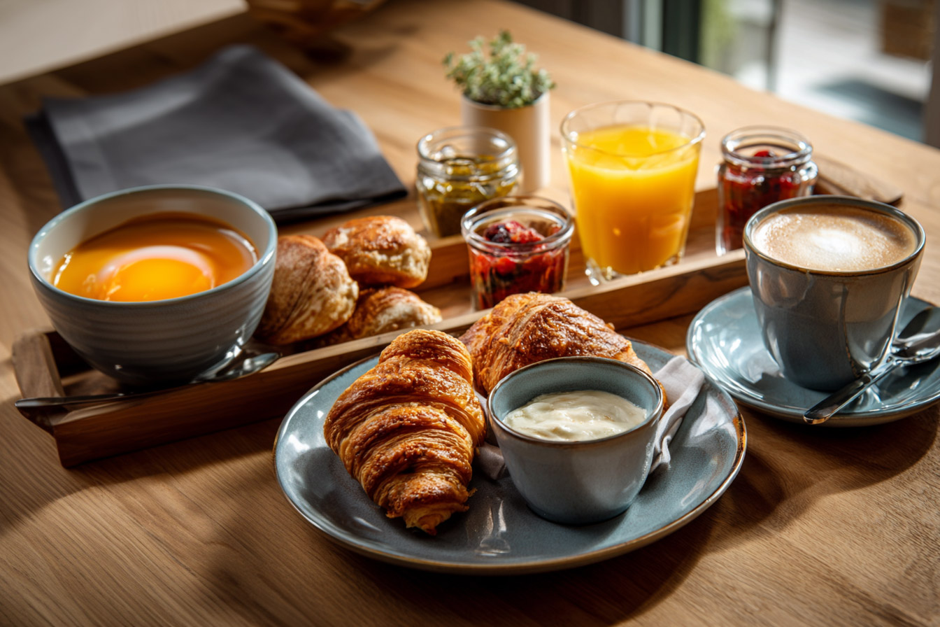 Frühstückstisch mit Kaffee, Croissants und Aufstrichen
